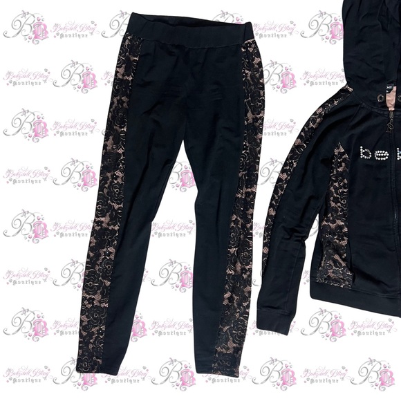 Bebe set 2 piece sweater and pants bling rhinestone diamonds black tan lace - Picture 3 of 8